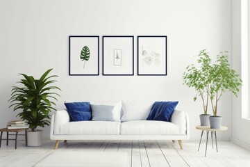 Minimalist white room featuring framed pictures, house plants, and a sofa adorned with blue cushions. Generative AI