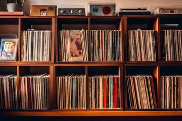 collection of records on a shelf, isolated. Generative AI