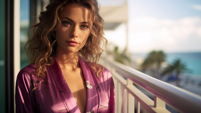 Portrait of a woman with curly hair on a hotel balcony. Beautiful woman in a bathrobe sleeping on the balcony of a residence or hotel room.