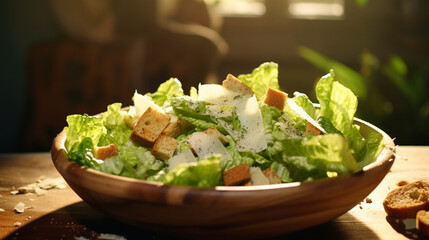 Fresh healthy Caesar salad on the wood table with sun light. Created using generative AI.