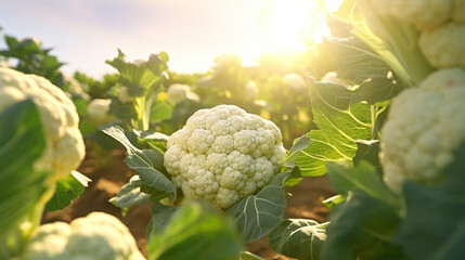 Fresh cauliflower in the field and plantation under the sun light. Created using generative AI. - obrazy, fototapety, plakaty