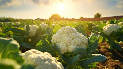 Ripe cauliflower in the plantation with the sun rays in harvesting time. Created using generative AI. - obrazy, fototapety, plakaty