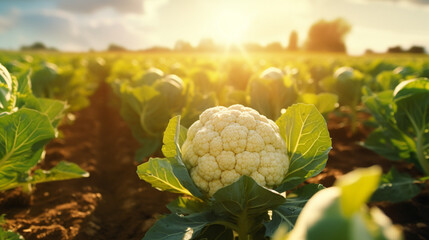 Ripe cauliflower in the plantation with the sun rays in harvesting time. Created using generative AI.