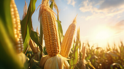 Full bloom corn cobs organic farm in the morning with sun rise. Created using generative AI.