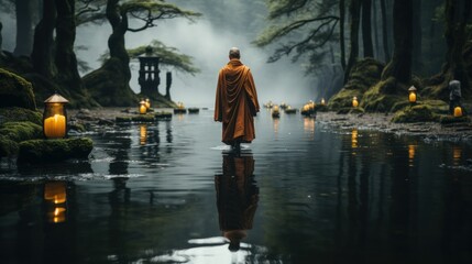 monk walking in deep forest alone - obrazy, fototapety, plakaty