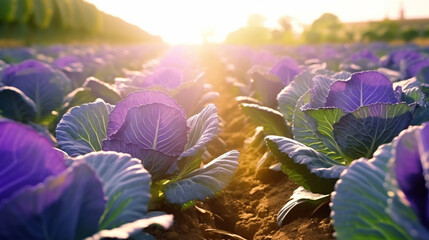 Full bloom purple cabbage organic farm in the morning with sun rise. Created using generative AI. - obrazy, fototapety, plakaty