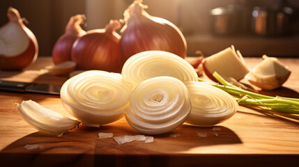 Sliced onion on the chopping block with sunny rays. Created using generative AI. - obrazy, fototapety, plakaty