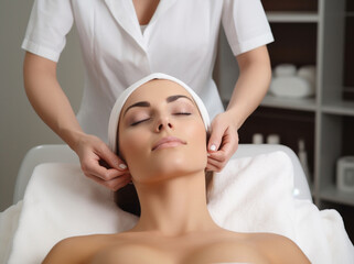 Obraz na płótnie Canvas Therapy woman female spa treatment beauty face massage young care wellness skin