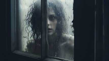 Digital art of a pale female face looking through the window. Woman with scary, pale face in mysterious scene.
