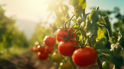 Fresh tomato in the field and plantation under the sun light. Created using generative AI. - obrazy, fototapety, plakaty
