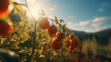 Ripe tomato in the plantation with the sun rays in harvesting time. Created using generative AI. - obrazy, fototapety, plakaty