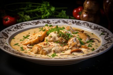 Mouthwatering Ghent-Style Fish or Chicken Stew: A Creamy Delight of Belgian Cuisine, a Visual Feast of Aromatic and Traditional Flavors