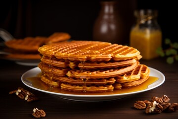Authentic Dutch Delight: Deliciously Golden Stroopwafel, a Tempting and Delectable Waffle Sandwich with Irresistible Caramel Filling, Mouthwatering Syrup, and Cris - obrazy, fototapety, plakaty