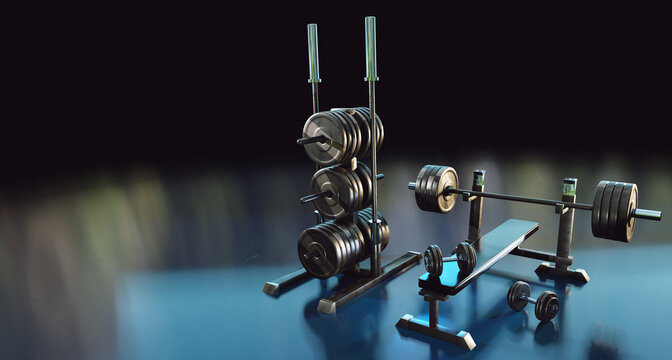 Black gym sports weight lifting tools in a dark black environment. Modern sport. Banner or header picture with copy space. 