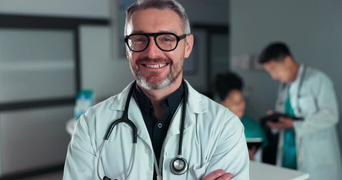 Doctor, hospital or professional man, happy nurse or cardiologist with career smile, cardiology service job or vocation. Medic portrait, work pride or confident clinic worker for health care wellness