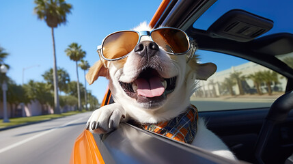 オープンカーから顔を出す犬 - obrazy, fototapety, plakaty