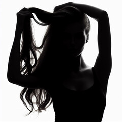 A single woman pulls and fixes her mesmerized long hair against a blank background