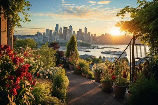 Image of beautiful garden with a view of the city skyline. Generative AI
