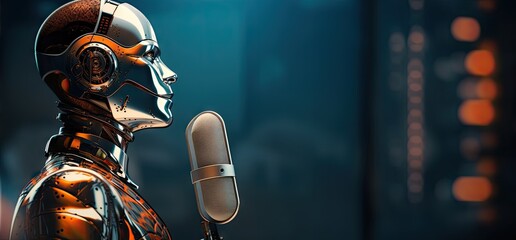 Singer or announcer robot with microphone on sci-fi cyberpunk background. - obrazy, fototapety, plakaty