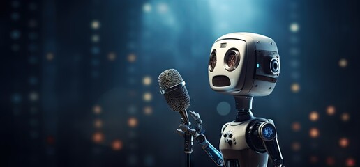 Singer or announcer robot with microphone on sci-fi cyberpunk background. - obrazy, fototapety, plakaty