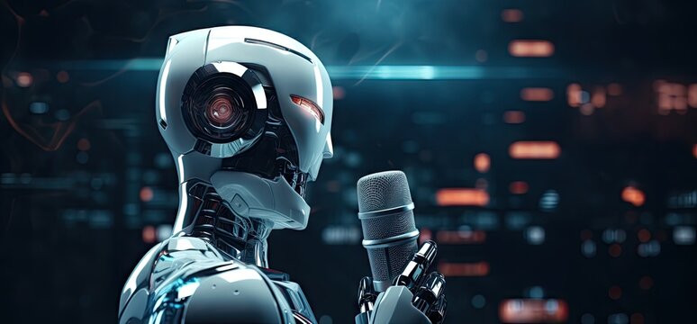 Singer or announcer robot with microphone on sci-fi cyberpunk background.