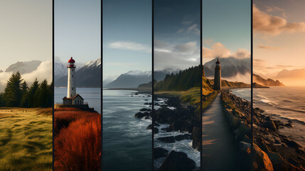 Four-in-one landscape nature scenery with lighthouse, HD nature 