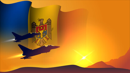 fighter jet plane with moldova waving flag background design with sunset view suitable for national moldova air forces day event