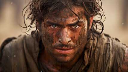 A portrait of a young Israeli tribesman in battle. Young angry man with wild eyes in battle amid wet terrain mud. Battle for territory.
