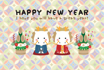 和ポップ　2024年賀状　カラフル　挨拶和福ペア　白竜