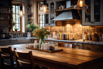 Fototapeta na wymiar A kitchen with warm copper accents, wooden cabinets, and vintage-inspired decor. Soft pendant lighting creates a homely and inviting atmosphere.
