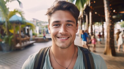 close-up shot of a good-looking male tourist. Enjoy free time outdoors near the city. Looking at the camera while relaxing on a clear day Poses for travel selfies smiling happy tropical