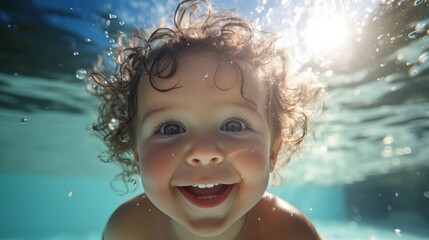 Fototapeta na wymiar Cute smiling baby having fun swimming and diving in the pool at the resort on summer vacation. Sun shines under water and sparkling water reflection. Activities and sports to happy kid