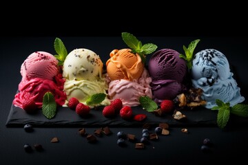 Assorted fruity ice creams on a dark surface. Generative AI