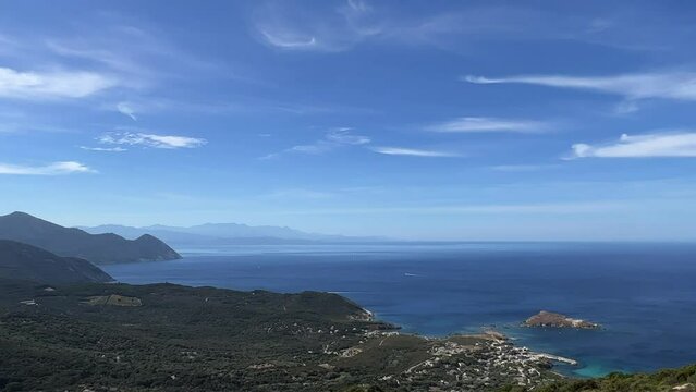 Panoramic view of Centuri landscape and seascape in northern Corsica island, France. Zoom out