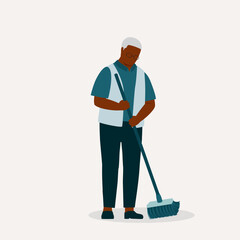 One Black Senior Man Sweeping Floor With A Broom. Full Length. Flat Design.