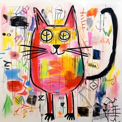 A charming and whimsical drawing of a cat, created by a  child, radiating innocence and creativity.