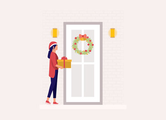 One Young Woman With Santa Hat Holding A Present Standing Outside The Front Door With Christmas Wreath. Full Length. Flat Design.