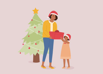 Smiling Black Mother With Santa Hat Giving A Christmas Present To Her Little Daughter. Full Length.