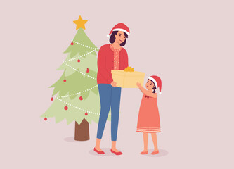 Smiling Mother With Santa Hat Giving A Christmas Present To Her Little Daughter. Full Length.