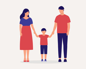 Young Family With One Child Holding Hands Together. Little Boy Standing In The Middle. Full Length. Flat Design.