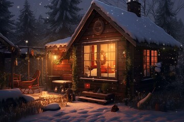 A snowy night with a cozy cabin adorned with a lit candle, porch, and a potted plant. Generative AI
