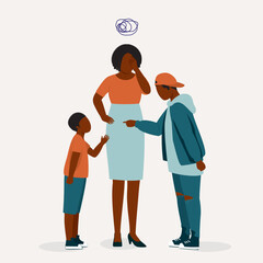 Frustrated Black Mother Standing In The Middle Of The Fight Between Her Two Sons. Full Length. Flat Design.