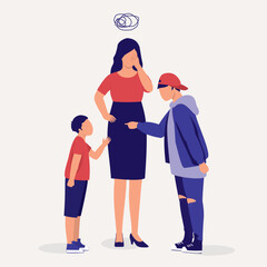 Frustrated Mother Standing In The Middle Of The Fight Between Her Two Sons. Full Length. Flat Design.