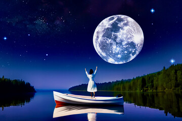 満月と小舟の夜 - obrazy, fototapety, plakaty
