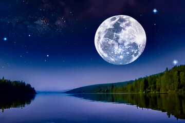 Obraz na płótnie Canvas 満月と小舟の夜
