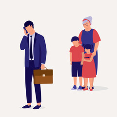 Busy Working Father With Handphone Neglected His Children And Leaving Them To Their Grandmother To Take Care. Full Length. Flat Design.