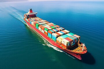 Fototapeta premium Containers transport ships with various colorful containers sailing through the sea on a day time. Generative AI.