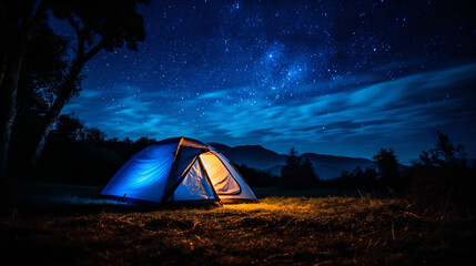 きれいな星空の下のキャンプ　明かりのついた青いテント - obrazy, fototapety, plakaty