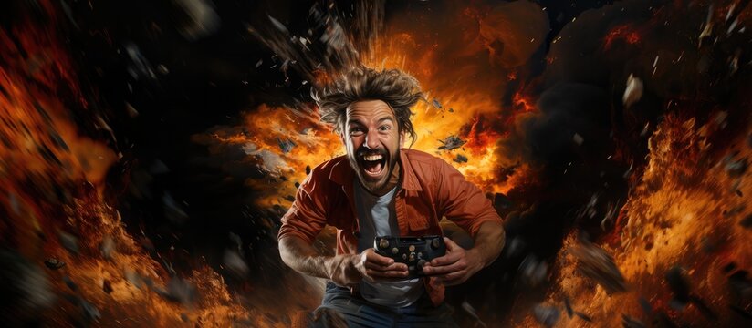 Man with controller in his arm excited by game