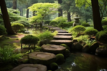 Japanese garden with stone pathway in summer. Generative AI